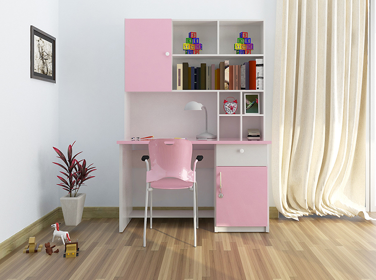 Bàn học kết hợp kệ sách màu hồng cho bé gái bằng gỗ ép