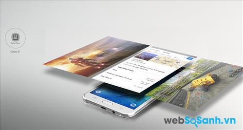 Điện thoại Galaxy J7 sử dụng bộ vi xử lý 8 nhân Snapdragon 615 của Qualcomm