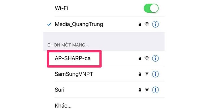 cài đặt wifi trên điện thoại và tìm wifi từ chiếc điều hòa này phát ra.