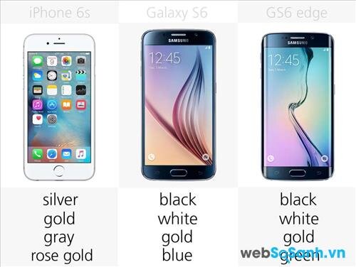 iPhone 6s có 4 màu tuỳ chọn: bạc, vàng, xám và vàng hồng; Galaxy S6 có 4 màu: đen, trắng, vàng và xanh da trời; còn Galaxy S6 edge có 4 màu: đen, trắng, vàng và xanh lá cây