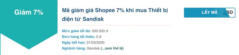 Shopee 7% khi mua Thiết bị điện tử Sandisk
