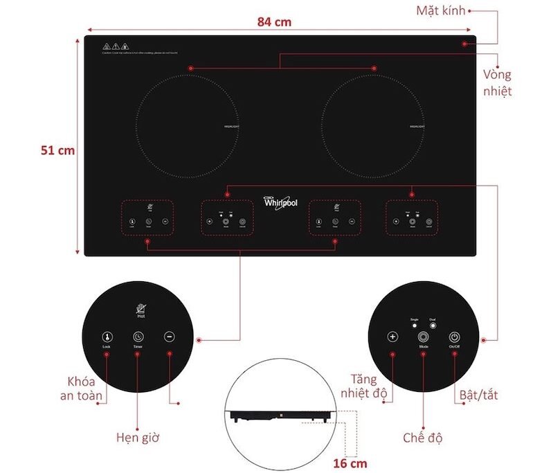 Kích thước của sản phẩm bếp hồng ngoại đôi Whirlpool ACT752/BLV