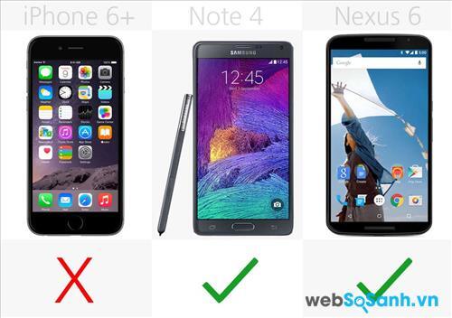 Note 4 và Nexus 6 đều có khả năng sạc nhanh còn iPhone 6 + thì không