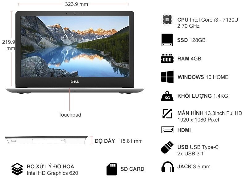 Thiết kế Dell Inspiron 5370 nhỏ gọn, sang trọng