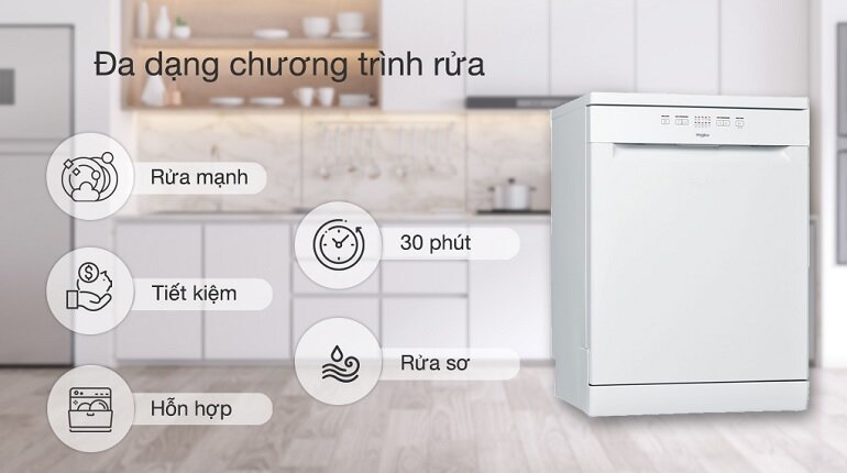 Nhiều chương trình rửa hội tụ trên máy rửa bát độc lập Whirlpool WFE 2B19