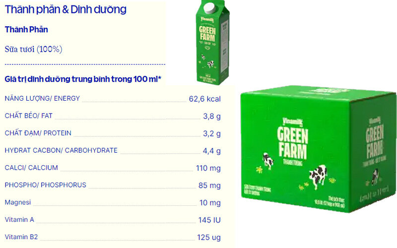 Sữa tươi thanh trùng Vinamilk Green Farm rất ít đường