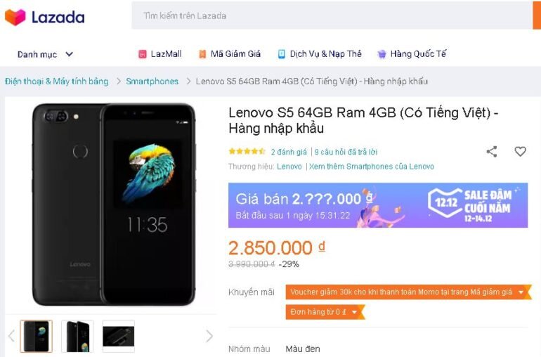 Smartphone Lenovo S5 64GB Ram 4GB hàng nhập khẩu có tiếng Việt - Giá giảm 29% chỉ còn 2.850.000 VNĐ