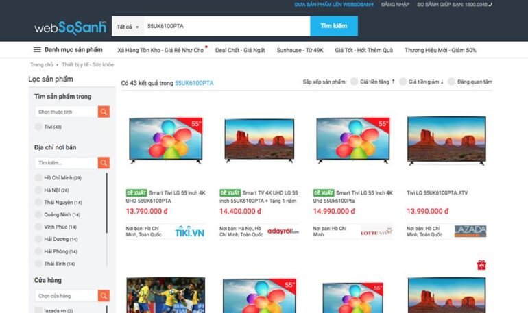 vào Websosanh.vn rồi check giá em Smart Tivi LG 4K 55 inch này thì thấy ngay đề xuất Tiki bán 13,7 triệu chênh lệch khoảng 4,2 triệu