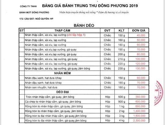 bảng giá bánh trung thu Đông Phương 2019
