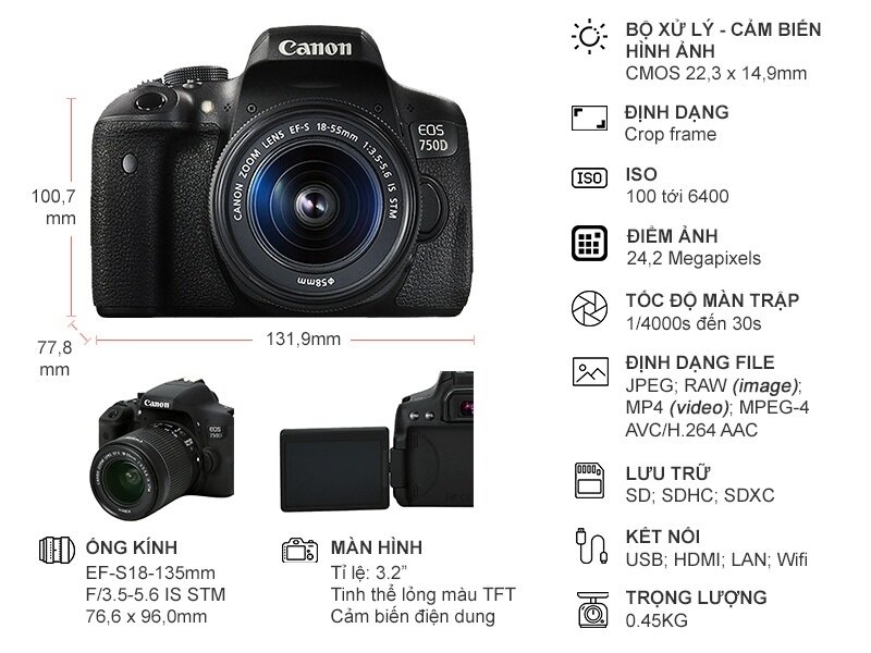 Thông số kỹ thuật khá ấn tượng của máy ảnh Canon EOS 750D