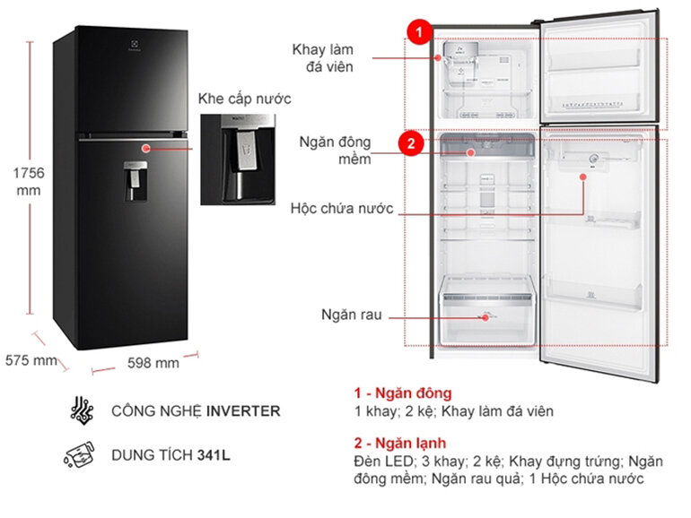 Tủ lạnh Electrolux Inverter 341 lít ETB3740K-H