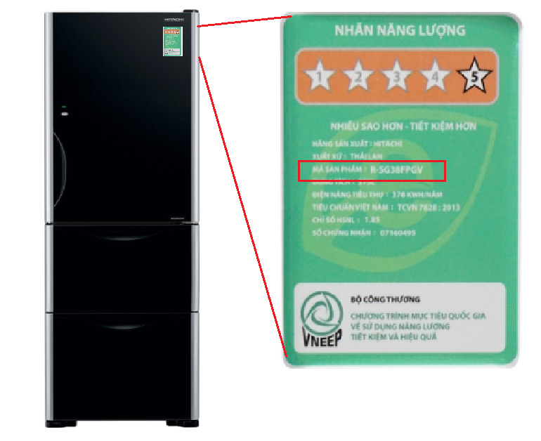 Cách xác định tên sản phẩm tủ lạnh Hitachi R-SG38FPGV màu GS, GBK, GBW