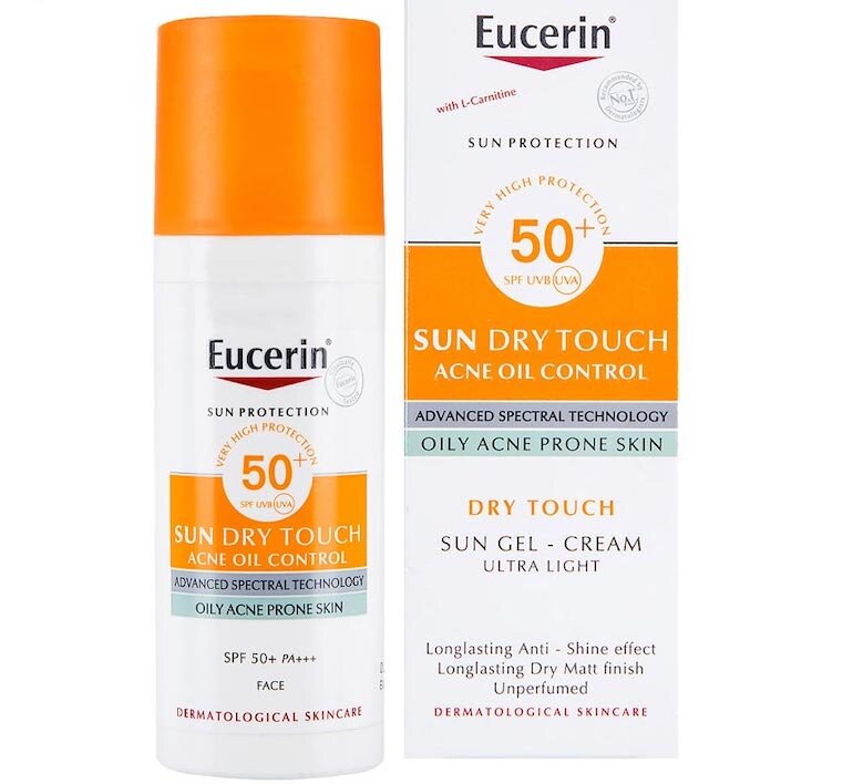 Kem chống nắng Eucerin Sun Gel Creme Oil Control SPF 50+ có tone màu trắng cam nhìn vô cùng ấn tượng.