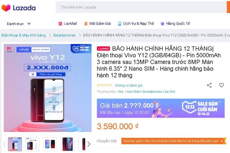 Điện thoại Vivo Y12 64GB - Giá giảm Siêu sale 12.12 chỉ còn 2.xxx.000 VNĐ