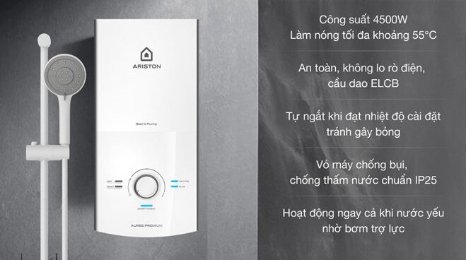 Máy nước nóng trực tiếp Ariston Aures Premium 4.5 - Kèm sen cây