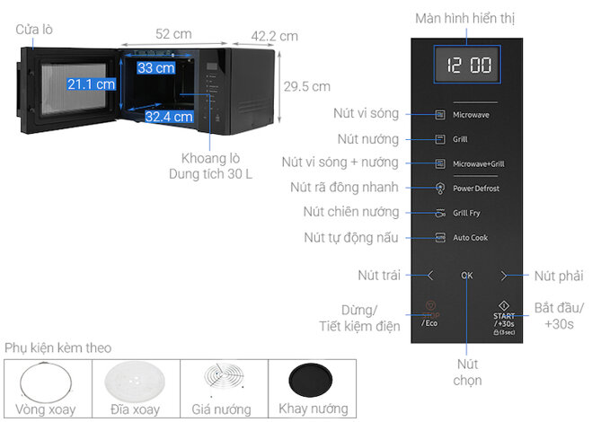 Lò vi sóng 30 lít Samsung MG30T5018CK/SV