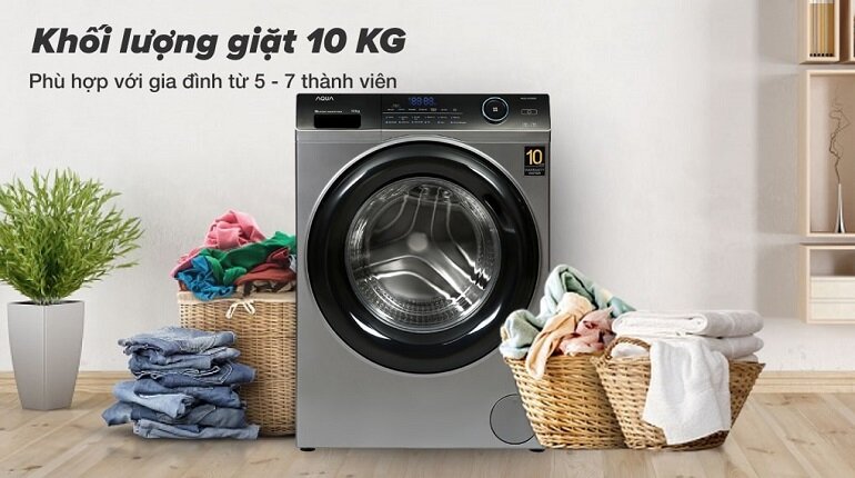 Máy giặt Aqua Inverter 10kg AQD-A1000G.S có kích thước thông dụng, không chiếm quá nhiều diện tích trong nhà bạn
