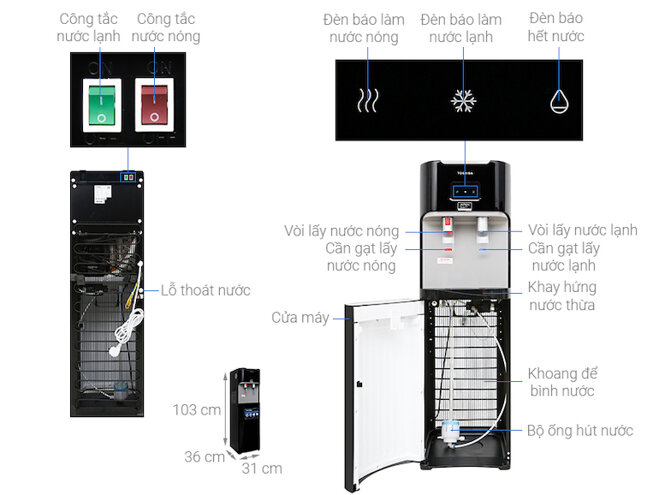 Cây nước nóng lạnh bình đặt dưới Toshiba RWF-W1669BV(K1)