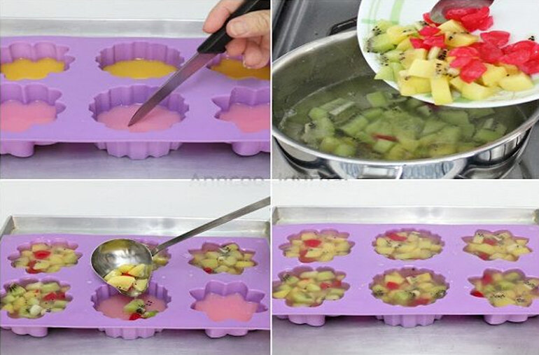 Nếu đã đông thì bạn lấy hỗn hợp nhân trái cây rau câu ở bước 3 múc đổ đều vào khuôn bước 2. Rồi nhét lại vào tủ lạnh trong 2 tiếng là hoàn thành tác phẩm.