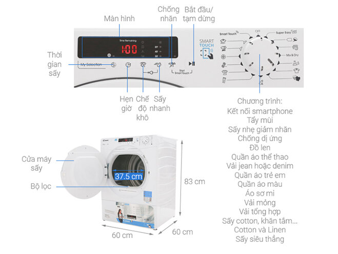 máy sấy quần áo Candy 9kg CS V9DF-S