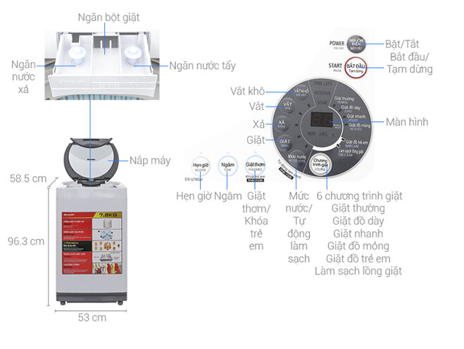 máy giặt Sharp 7.8 kg ES-U78GV-H phù hợp cho 4 - 5 người