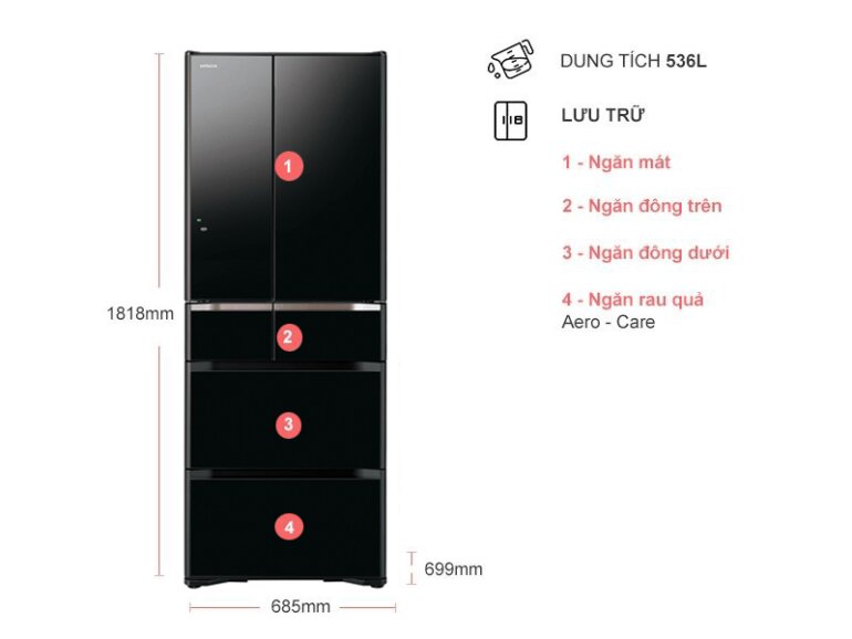 Tổng quan vị trí các ngăn trên tủ lạnh Hitachi G520GV (XK) và G520GV (X) 6 cửa 536L
