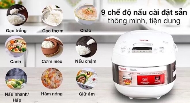 Nồi cơm điện tử Tefal RK752168 với 9 chế độ được cài đặt sẵn, hẹn giờ nấu bằng bảng điều khiển điện tử dễ dàng thao tác.