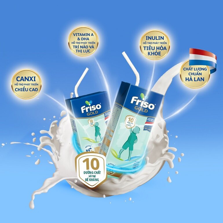 Sữa uống Friso pha sẵn bổ sung 10 loại vitamin - khoáng chất thiết yếu, giúp bé tăng cường đề kháng vững vàng ngay từ giai đoạn đầu đời. 