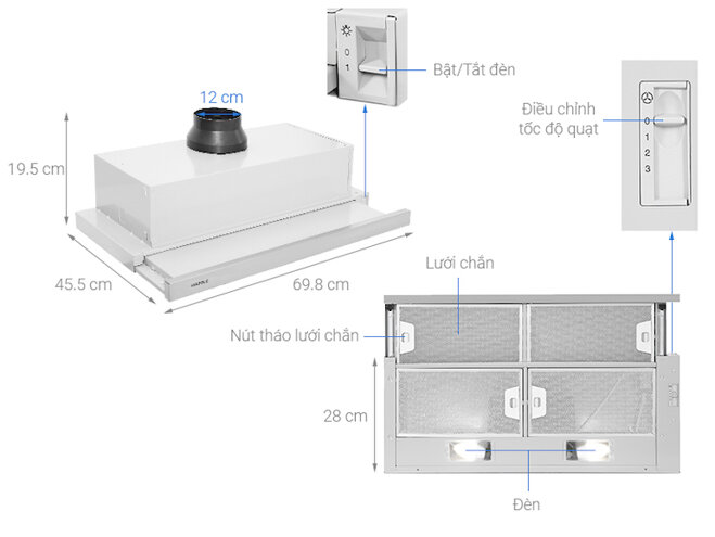 Máy hút mùi âm tủ Hafele HH-S70A kèm đèn chiếu sáng 2 bóng đèn Led 4W.