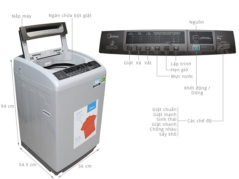 Máy giặt lồng đứng Midea MAM-8006 với khối lượng giặt 8kg phù hợp với gia đình có nhu cầu giặt trung bình