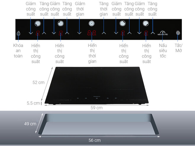 Bếp âm Makano MKT-400001 với bộ điều khiển cảm ứng tiếng Việt, màn hình Led hiển thị rõ ràng với tùy chỉnh 9 mức công suất.