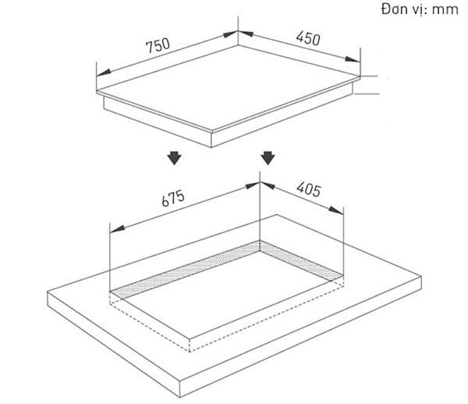 Kích thước lắp đặt bếp từ đôi Canzy CZ-988S 