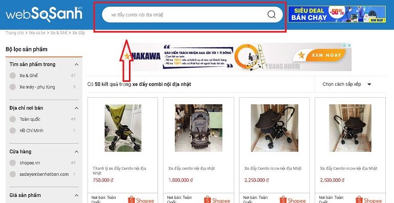 Tìm nơi bán Xe đẩy Combi nội địa Nhật bằng cổng thông tin so sánh giá Websosanh.vn