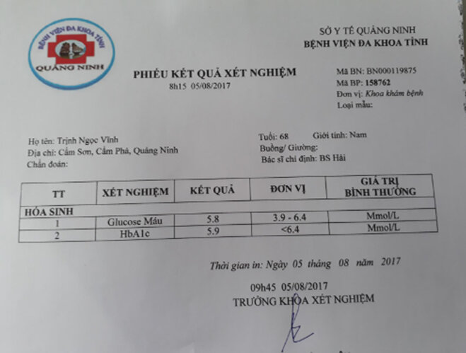 Kết quả xét nghiệm máu ngày 05/08/2017 của bác Vĩnh