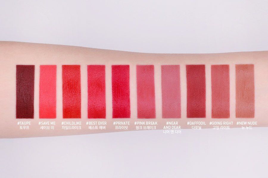 Tổng hợp bảng màu đầy đủ của son môi 3CE Velvet Lip Tint 