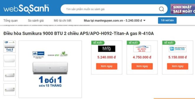 Máy lạnh Sumikura 9000BTU 2 chiều APS/APO-H092 - Giá tham khảo khoảng 5,1 triệu vnd