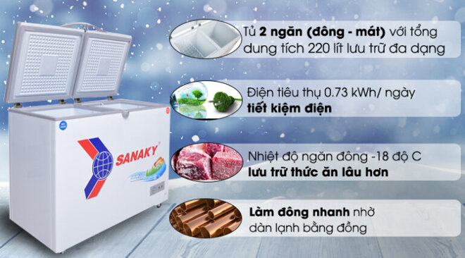 Tủ đông mát Sanaky dung tích 220 lít VH-2899W1