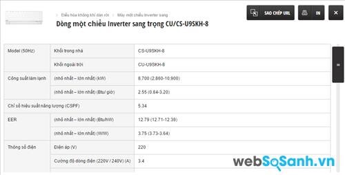 Thông số kỹ thuật của từng dòng điều hòa Panasonic đều được công khai trên trang của hãng