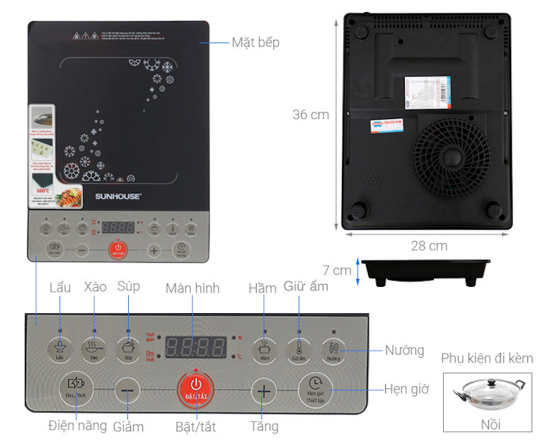 Bếp từ Sunhouse shd6152 có bảng điều khiển nút nhấn có tiếng Việt dễ dàng sử dụng.