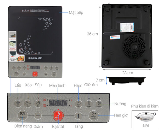 Bếp từ Sunhouse shd6152 có bảng điều khiển nút nhấn có tiếng Việt dễ dàng sử dụng.