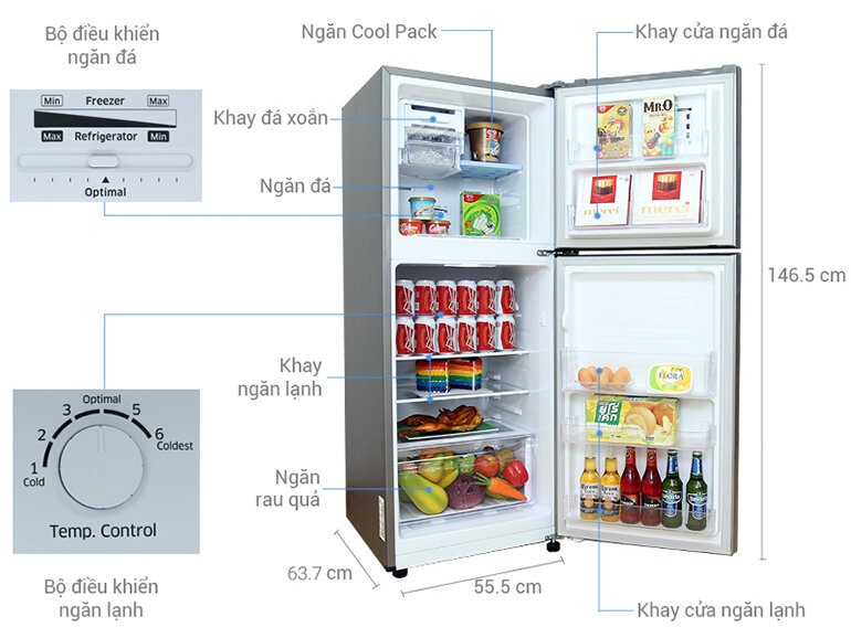 Vị trí của hai bảng điều khiển nhiệt độ ở tủ lạnh Samsung 208 lít