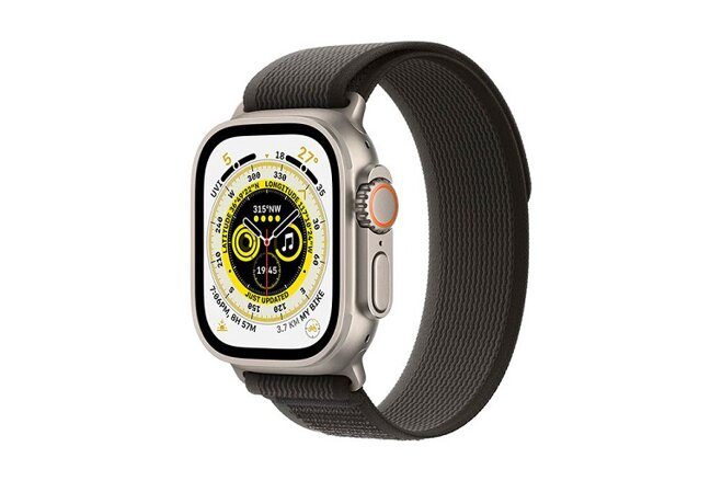 Apple Watch Ultra trai màu xám viền đen.