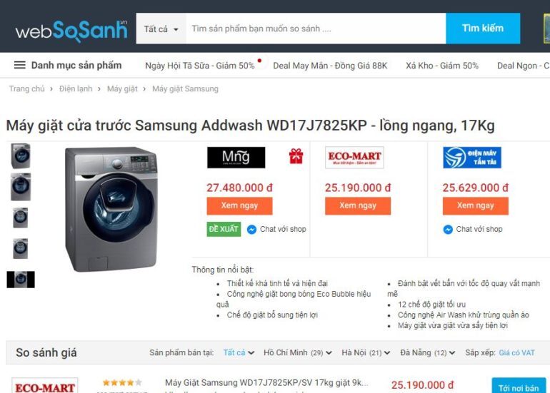 giá máy giặt Samsung Add Wash Inverter 17 kg WD17J7825KP/SV không quá đắt