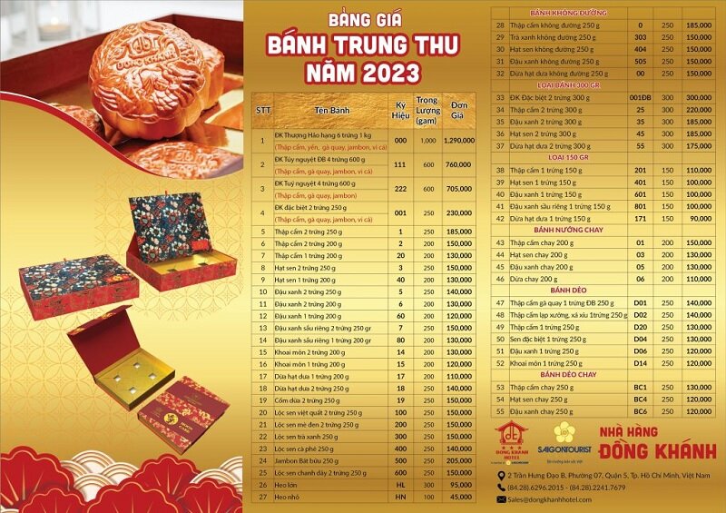Bảng giá bánh Trung thu khách sạn Đồng Khánh 2023