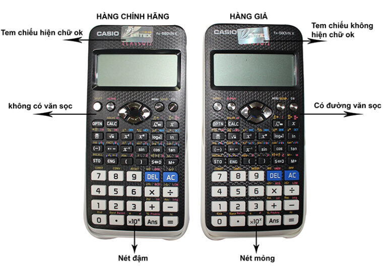 So sánh máy tính Casiofx-580VN X chính hãng (bên trái) và máy tính Casio fx-580VN X giả (bên phải)