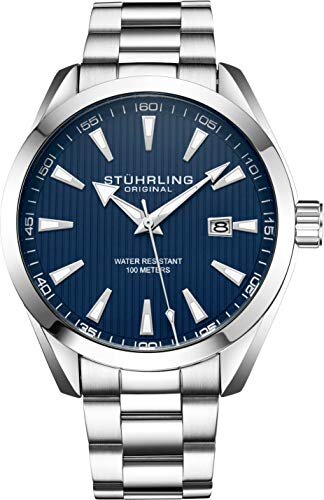 Stuhrling Original Blue Watch for Men Analog Watch Dial with Date - Stainless Steel Silver Bracelet, 3953 Mens Watch Collection