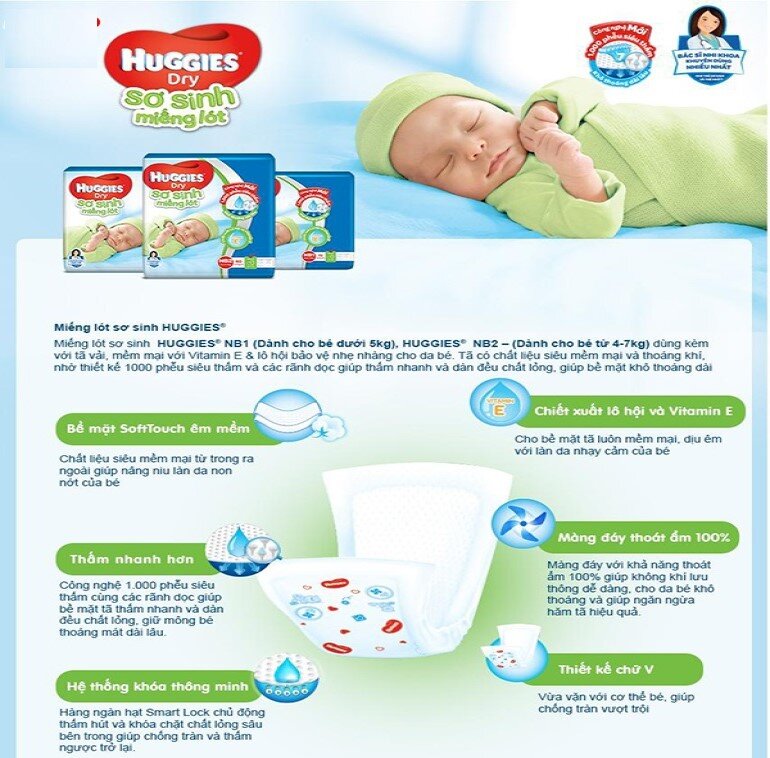 Miếng lót sơ sinh Huggies sở hữu nhiều ưu điểm nổi bật phù hợp với làn da nhạy cảm của trẻ