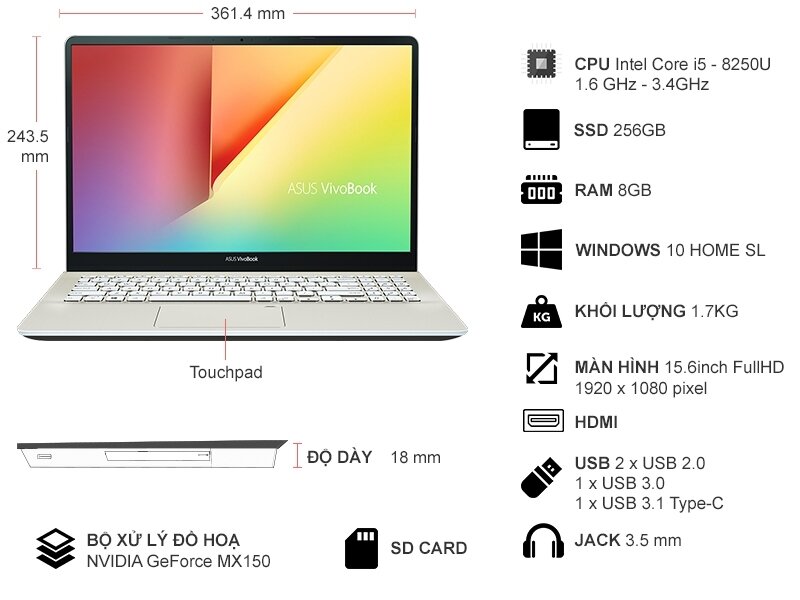 Laptop Asus Vivobook S15 S530UN-BQ255T màn hình 15.6 inch FHD