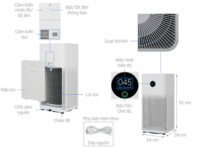 Máy lọc không khí Xiaomi MI AIR PURIFIER 3H EU được tích hợp 3 cấp độ lọc