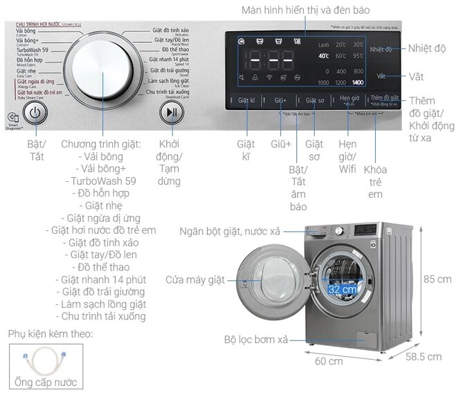 Thông số kĩ thuật máy giặt sấy khô 10kg LG FV1410D4P